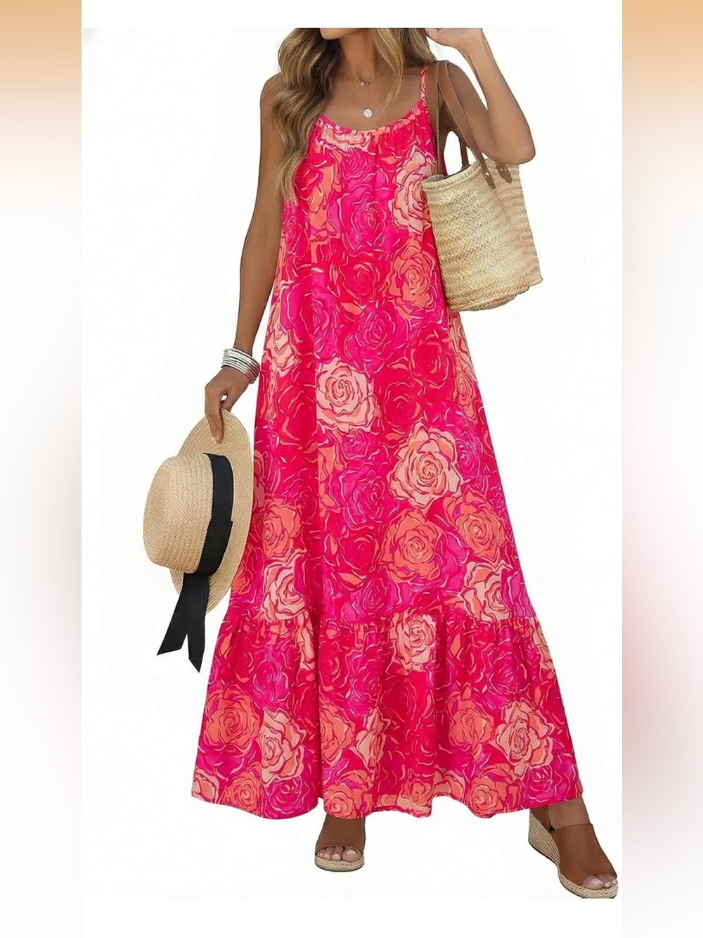Pink Floral Spaghetti-Strap Maxi Dress